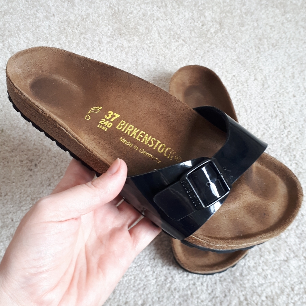 BIRKENSTOCK / 37, 6 / Women's Madrid Patent Faux Leather Cork Sandals - Black